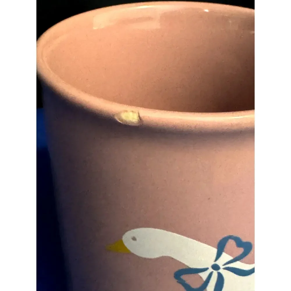 Vintage 1980s Geese with Blue Ribbons Pink Coffee Mug Made in England
